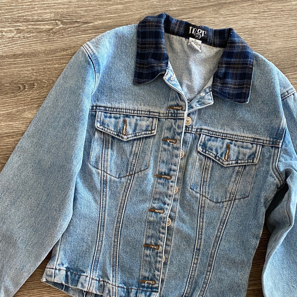 Y2K flannel barn collar denim button front jacket light wash medium